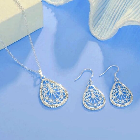 Mikaela Lane Filigree 925 Sterling Silver Teardrop Pendant Necklace Gift Boxed - Picture 4 of 7